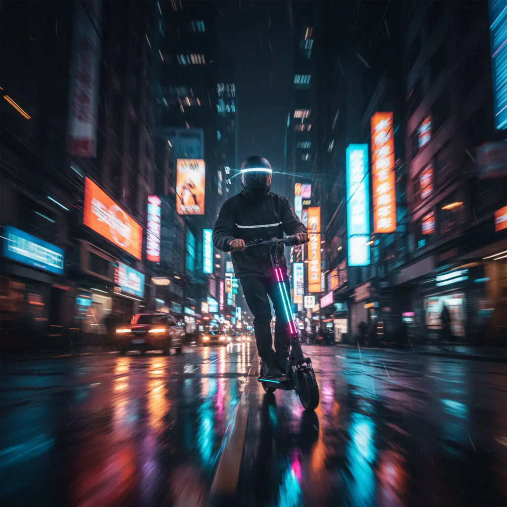 Rider speeding through neon city